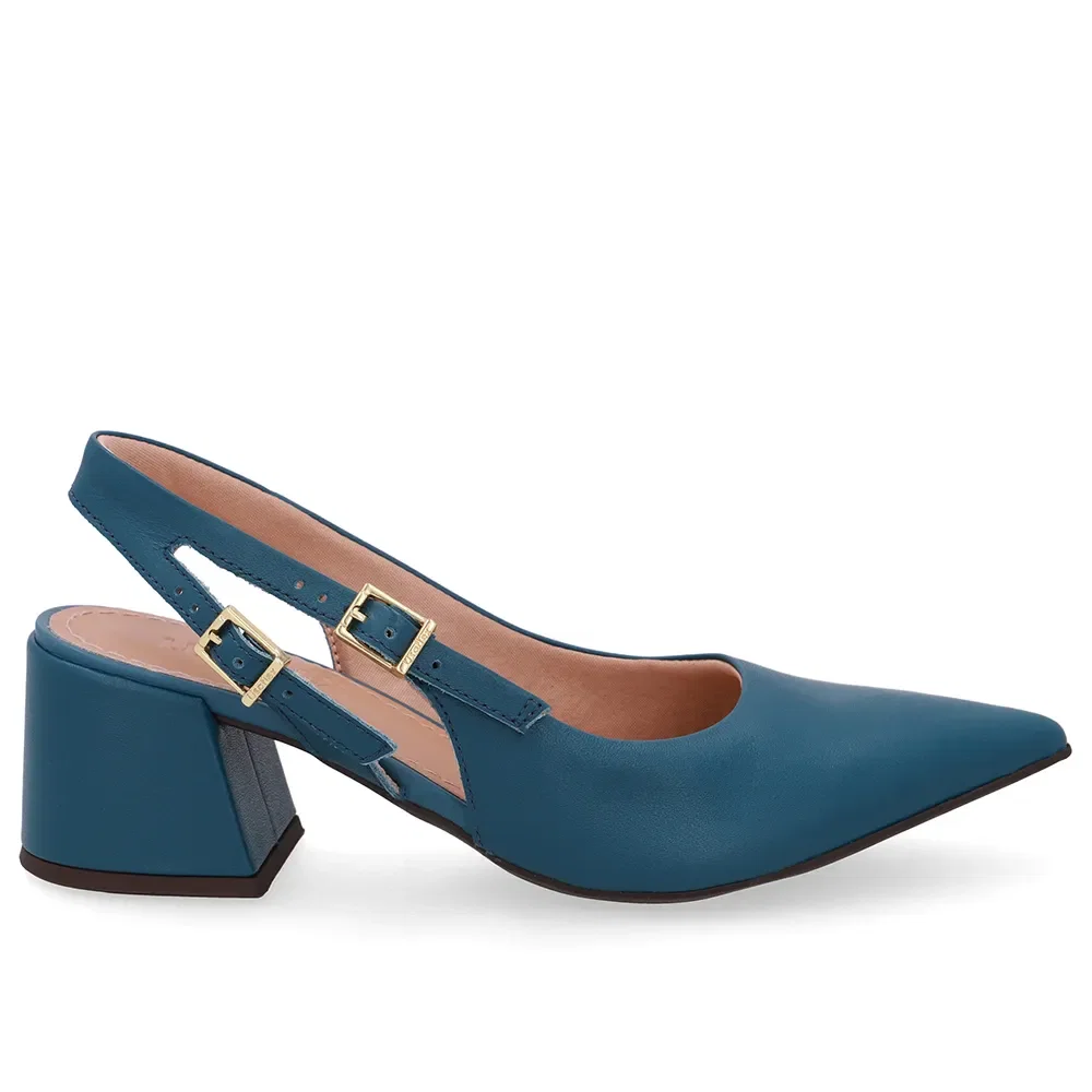 Slingback Azul Salto Bloco Couro Tira Dupla Lateral — imagem 1