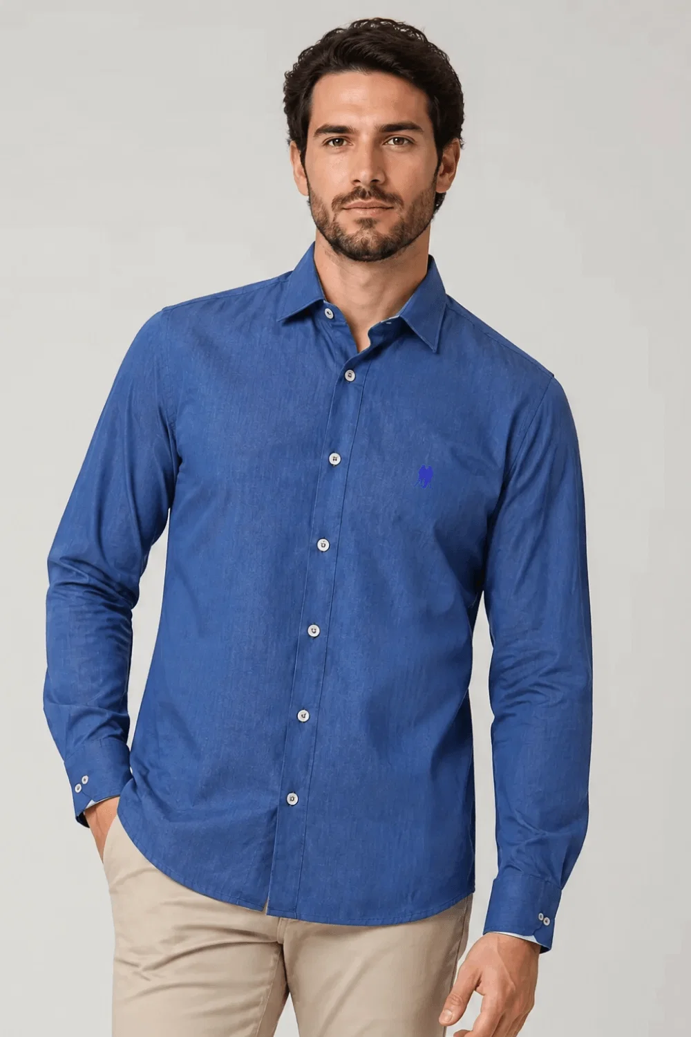 Camisa Masculina Viscolinho Lisa Polo Wear Azul