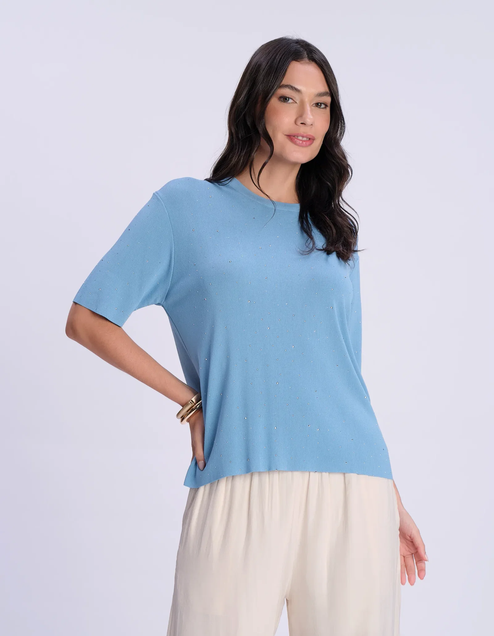 Blusa Manga Curta Brilhos - Azul