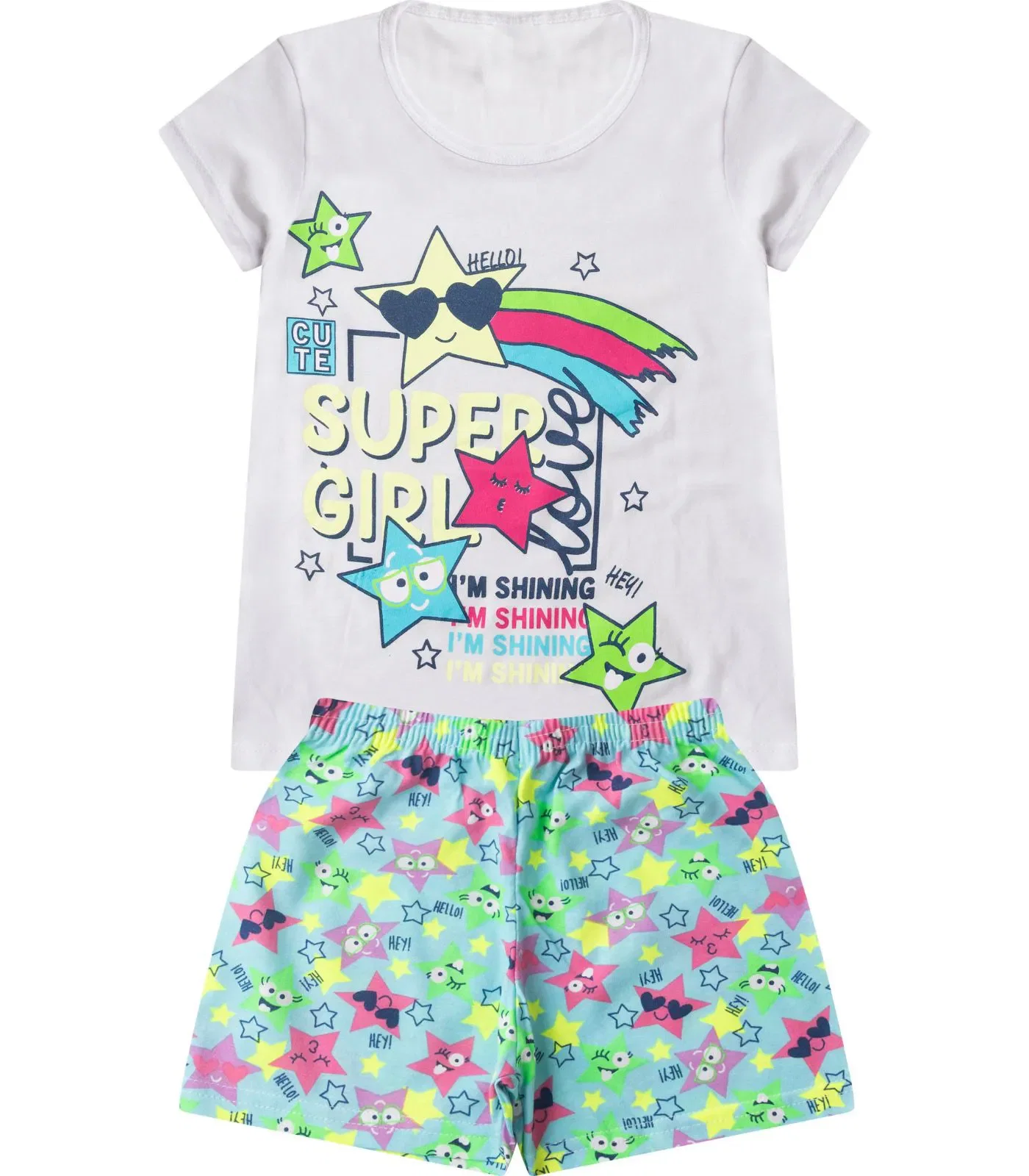 Pijama Verão Menina Curto Algodão Kappes Branco