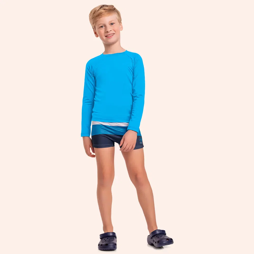 Camiseta infantil manga longa moda praia com proteção uv