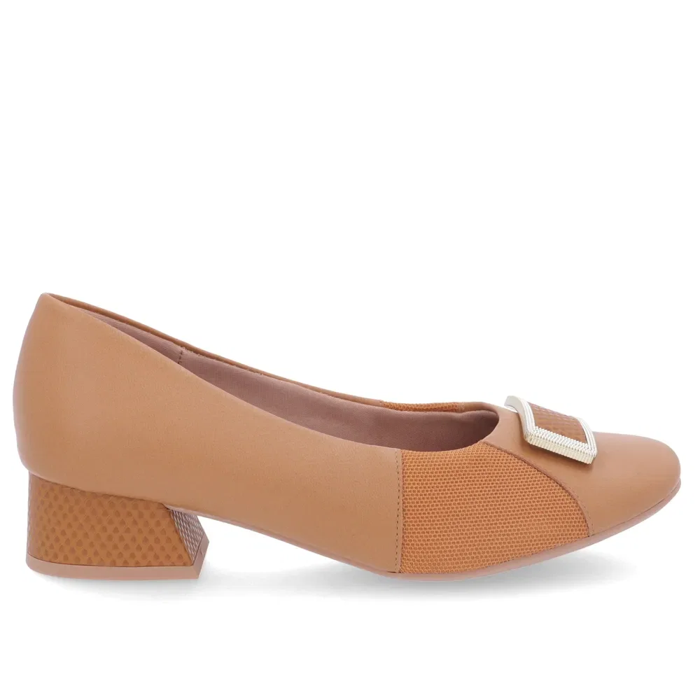 Scarpin Marrom Salto Bloco Couro Lateral Tecido