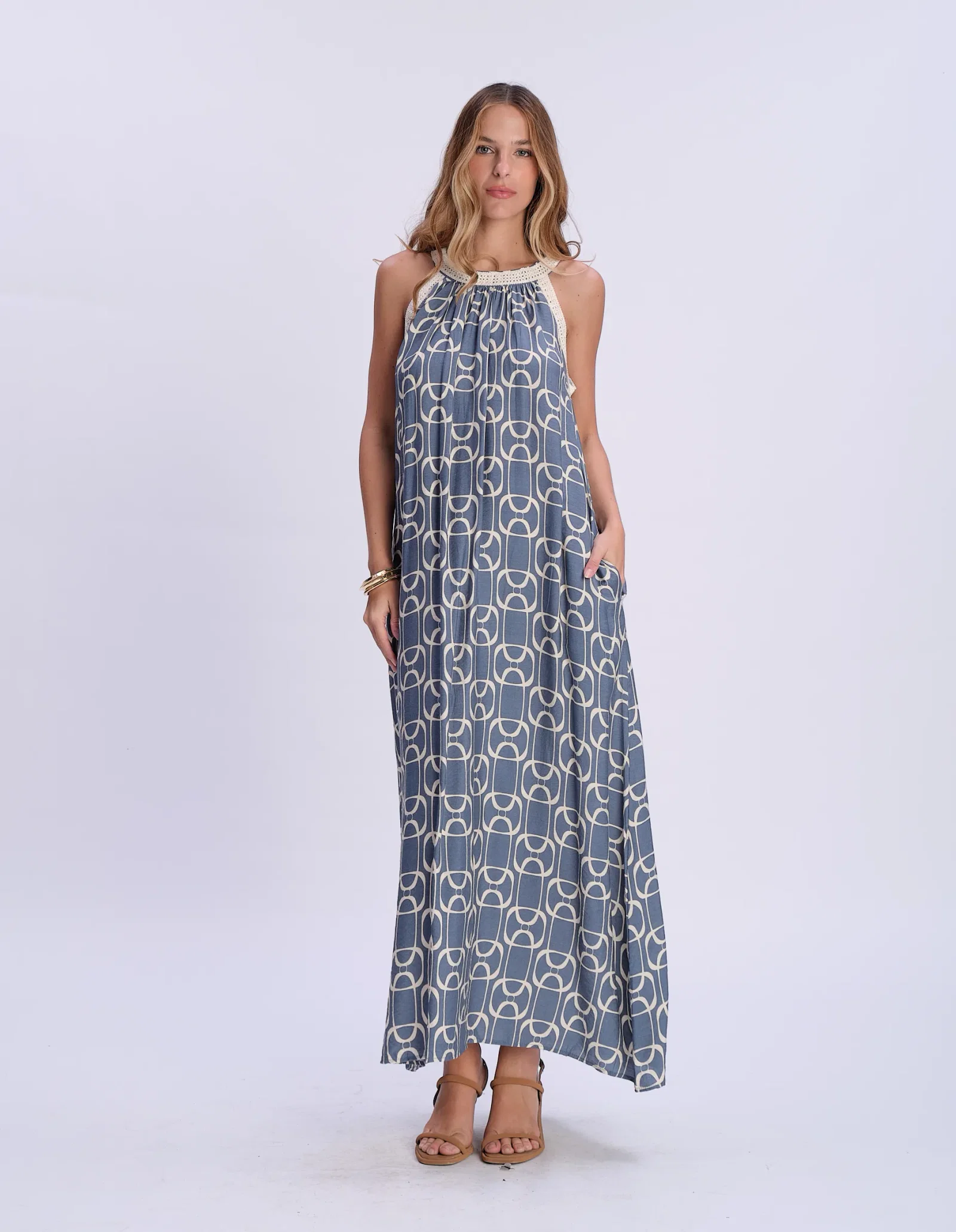 Vestido Longo Estampado Geométrico - Azul — imagem 1