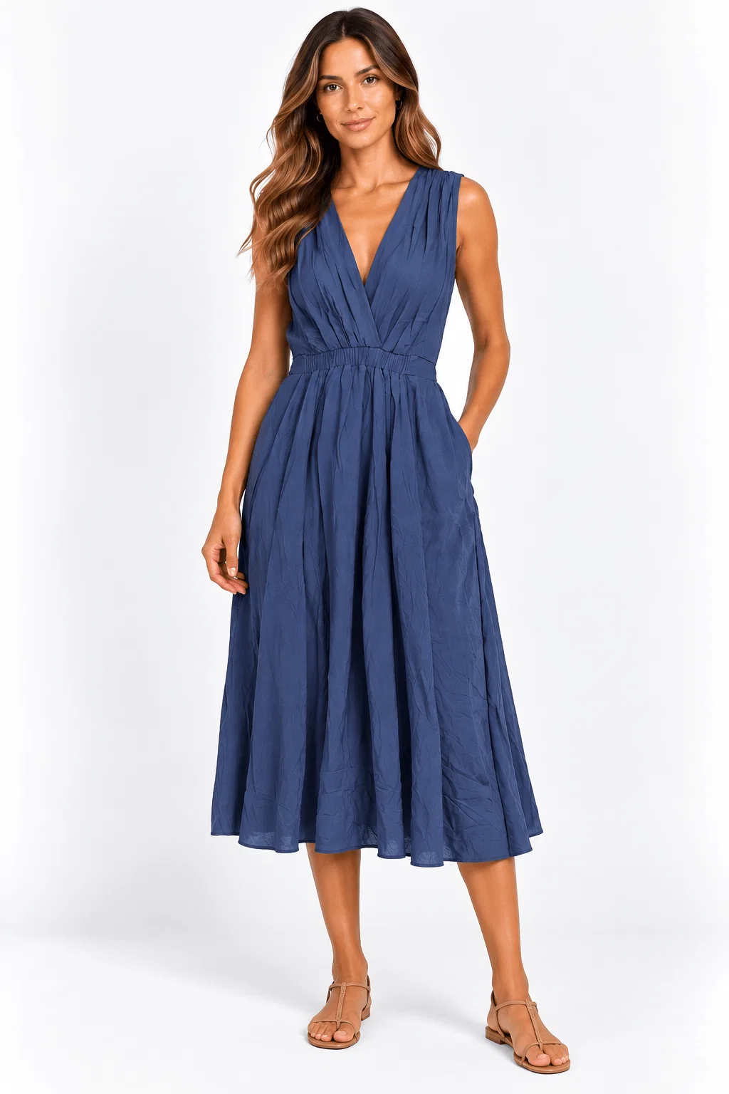 Vestido Midi Detalhe Pregas - Azul