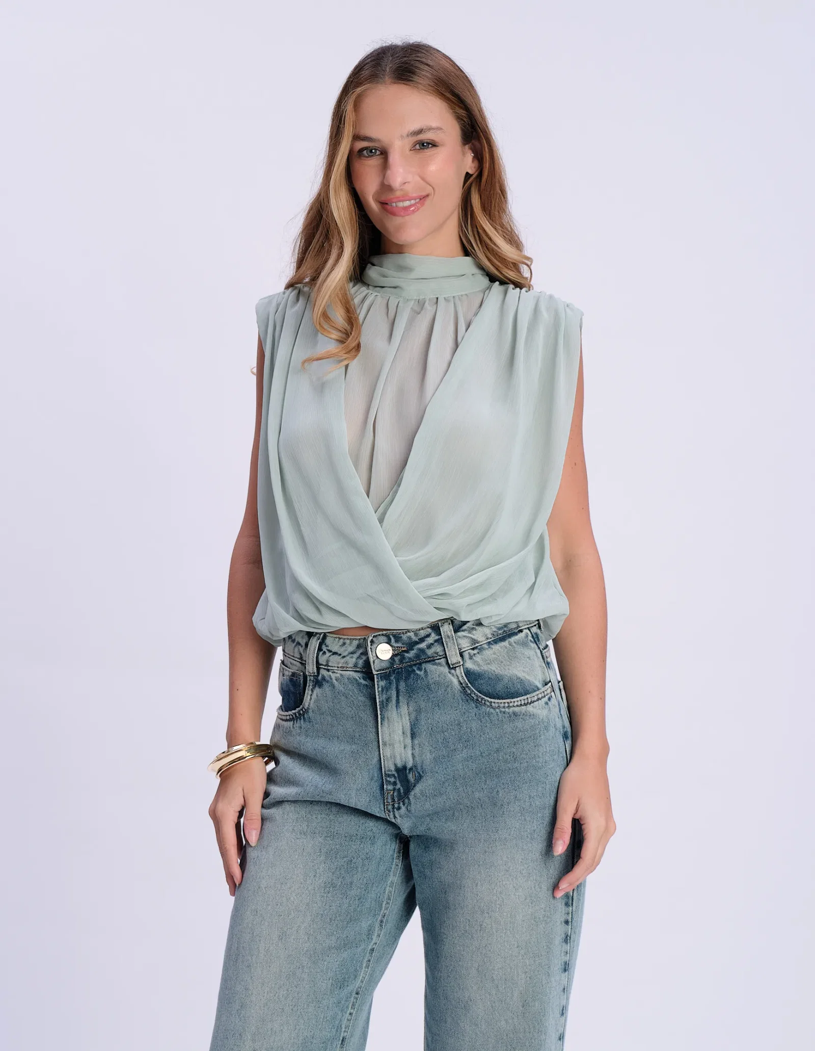 Blusa Transpassada Gola Alta - Verde Claro