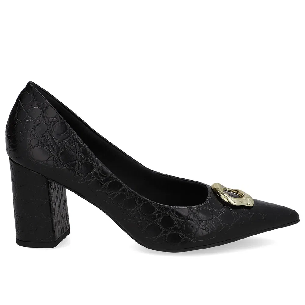 Scarpin Preto Couro Croco Bico Fino — imagem 1