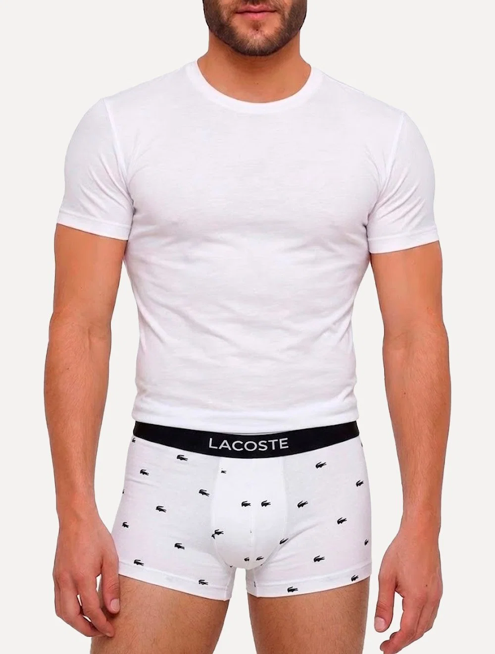 Cuecas Lacoste Masculinas Trunk Casual Stretch Signature Preta / Chumbo / Branca Pack 3UN