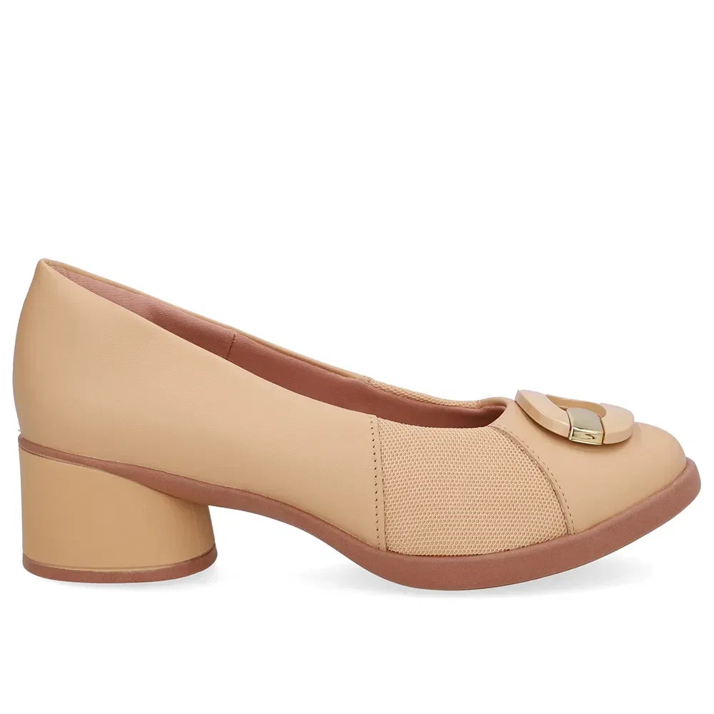 Scarpin Bege Creme Couro Lateral Tecido Enfeite