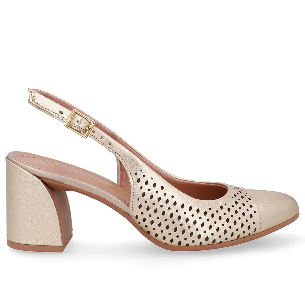 Slingback Dourado Bico Redondo Couro Laser