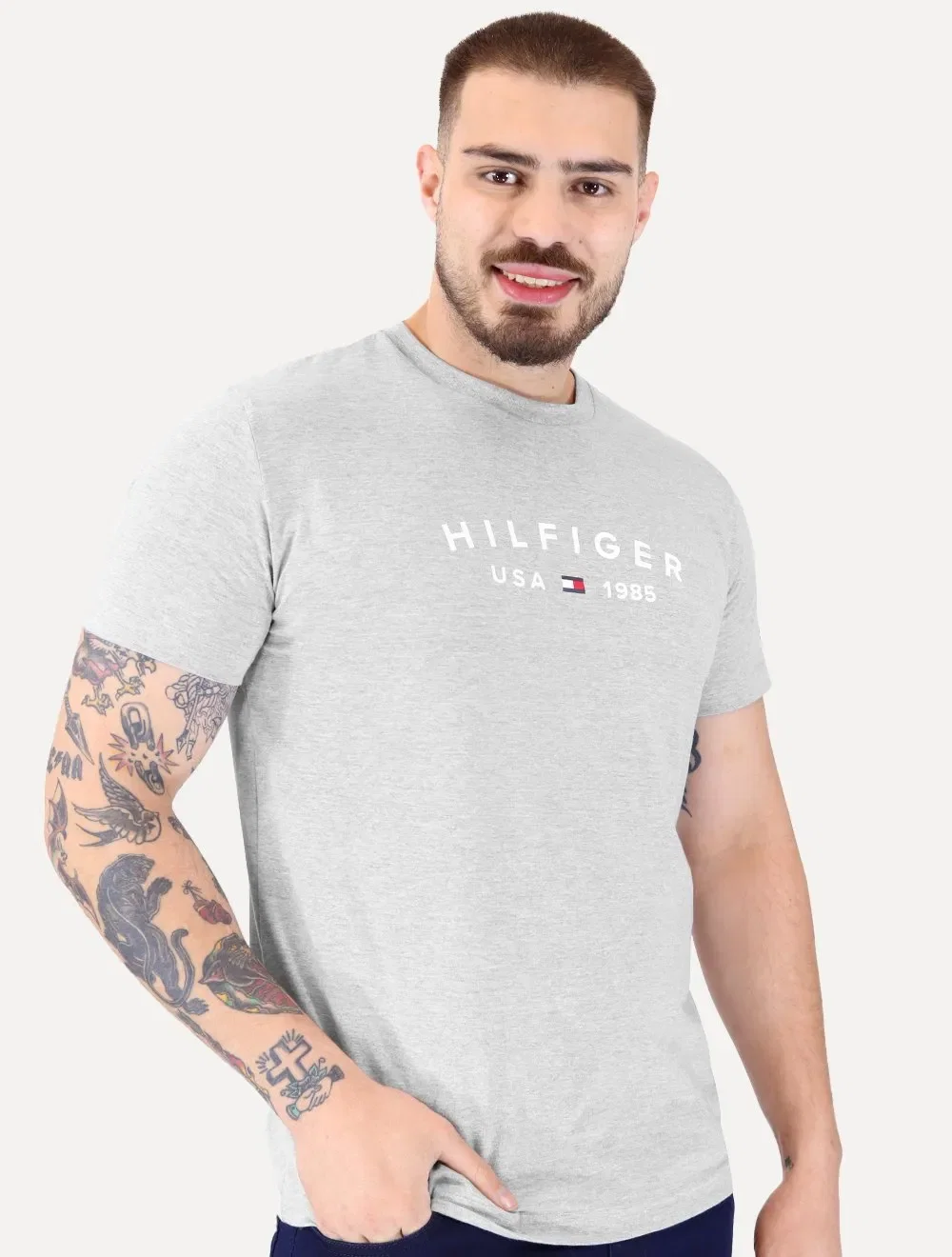 Camiseta Tommy Hilfiger Masculina Fathers Arc USA Cinza Mescla
