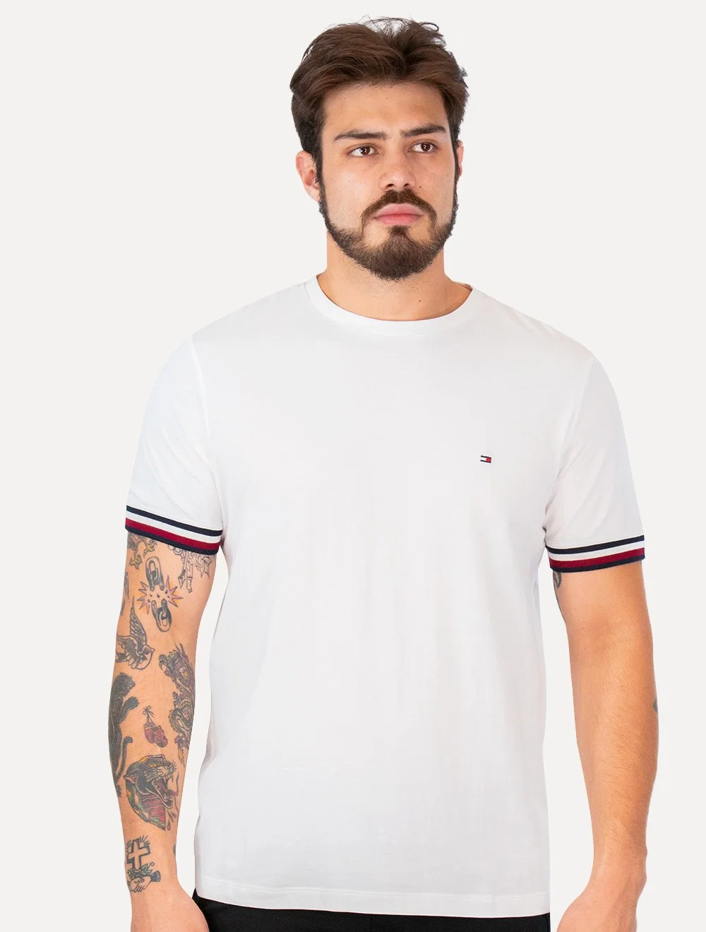 Camiseta Tommy Hilfiger Masculina Piquet Stripe Cuff Branca — imagem 1