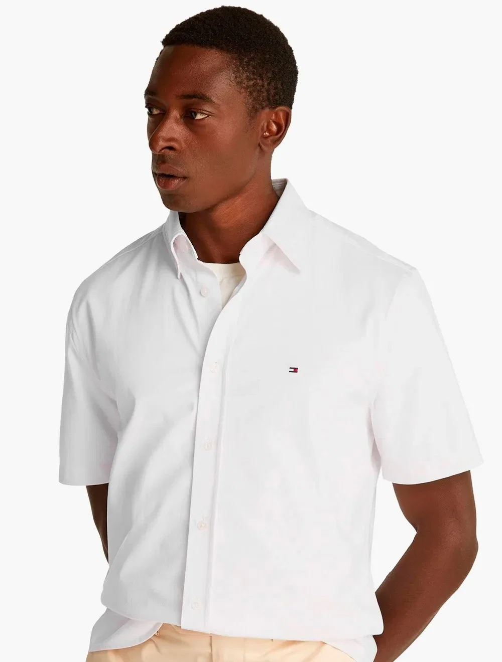 Camisa Tommy Hilfiger Masculina Manga Curta Slim Fit Poplin Branca — imagem 1