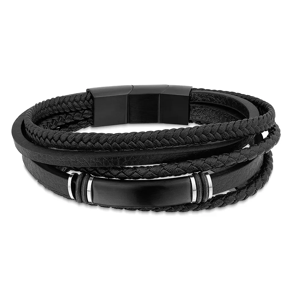 Pulseira Life em Couro V Preto com Aço