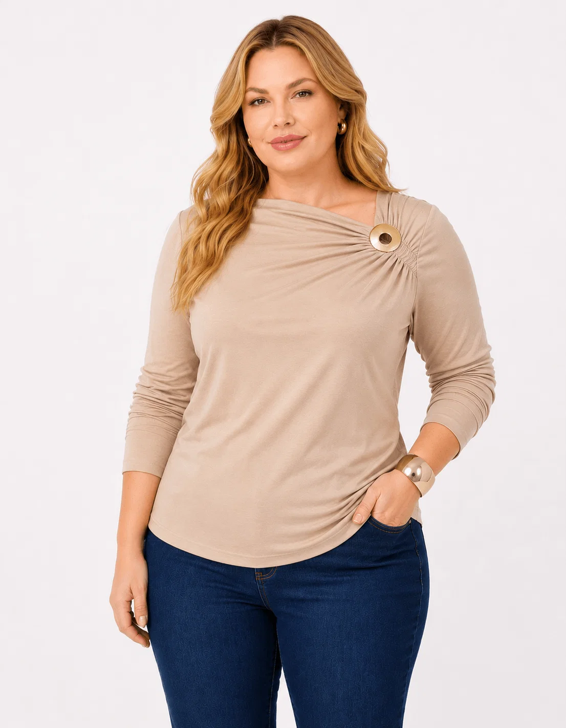 Blusa Manga Longa Detalhe Franzido Metal - Bege — imagem 1