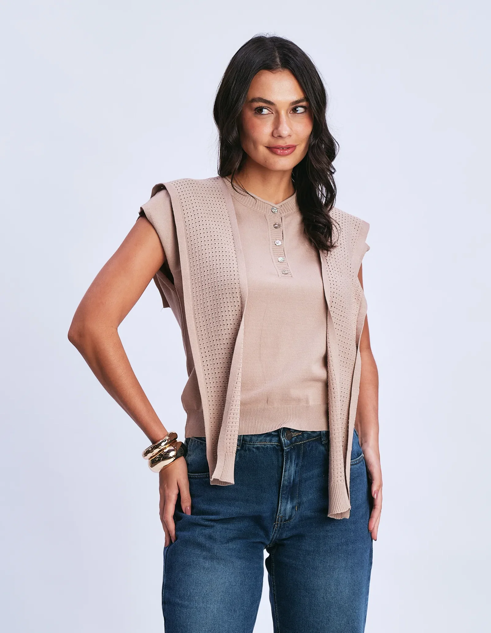 Blusa Tricot Gola Sobreposta - Capuccino — imagem 1