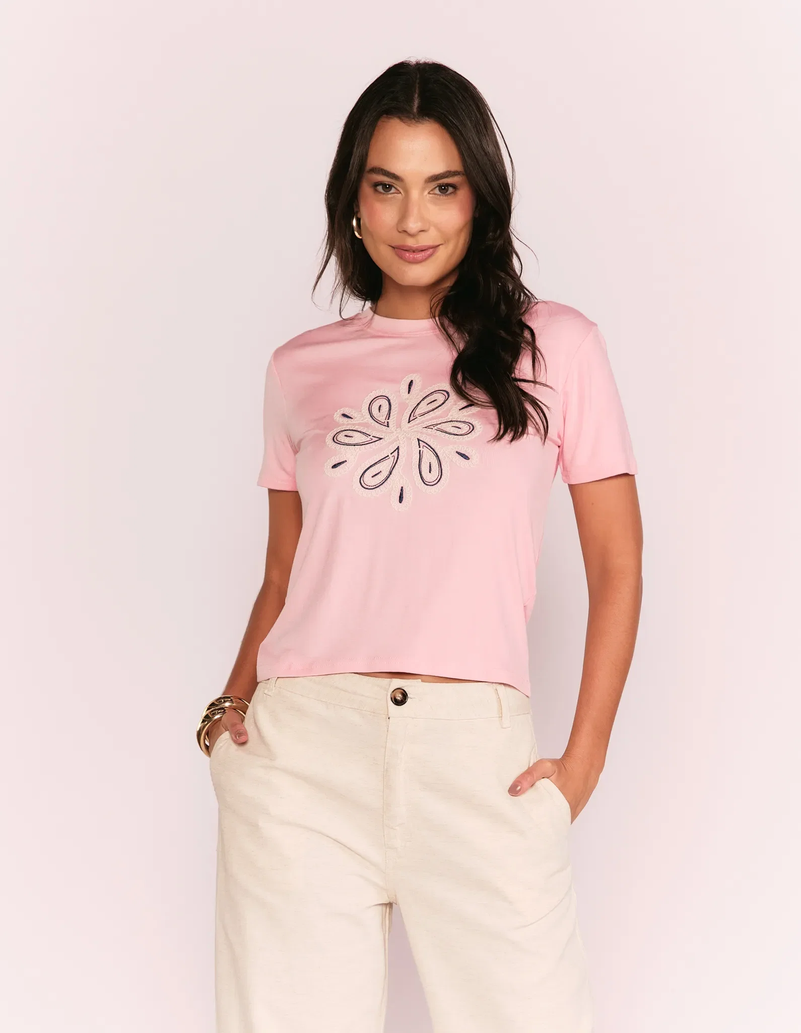 Blusa Manga Curta Floral Arabesco - Rosa — imagem 1