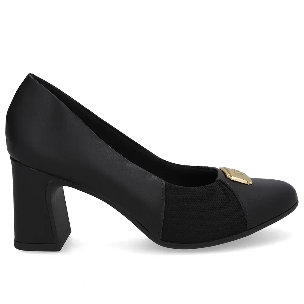 Scarpin Couro Preto Lateral Tecido