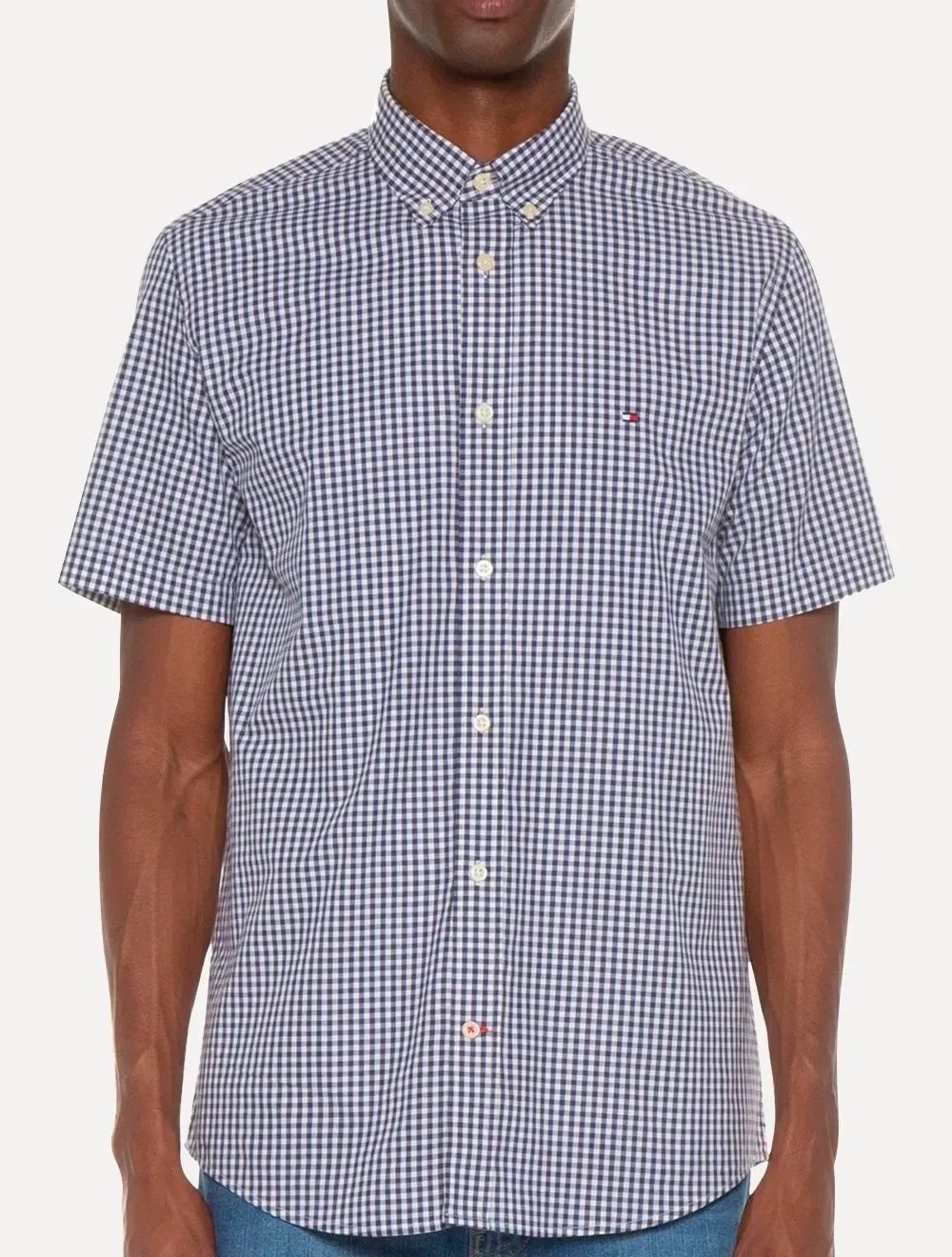 Camisa Tommy Hilfiger Masculina Manga Curta Xadrez Gingham Branca / Marinho