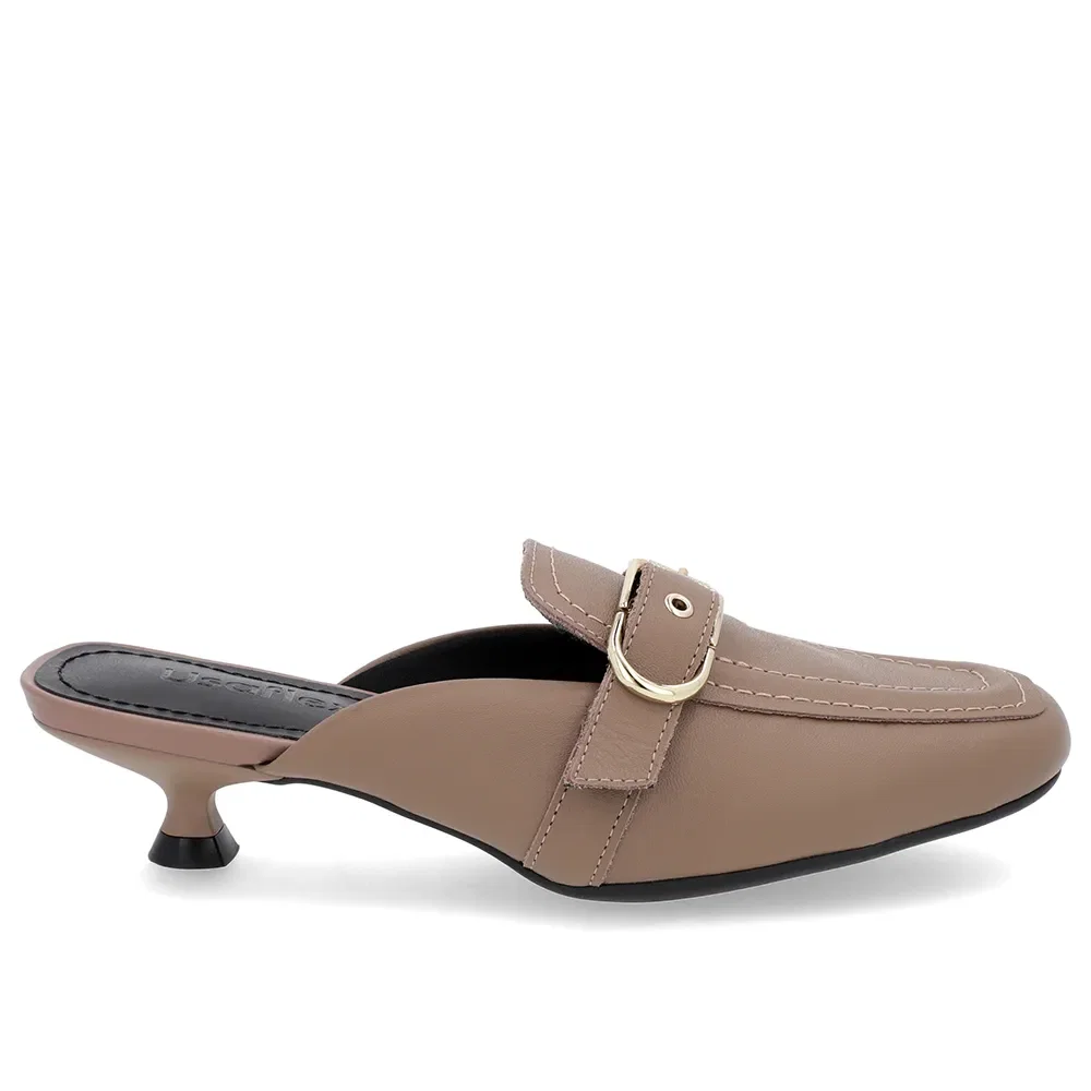 Mule Marrom Claro Couro Salto Kitten Fivela — imagem 1