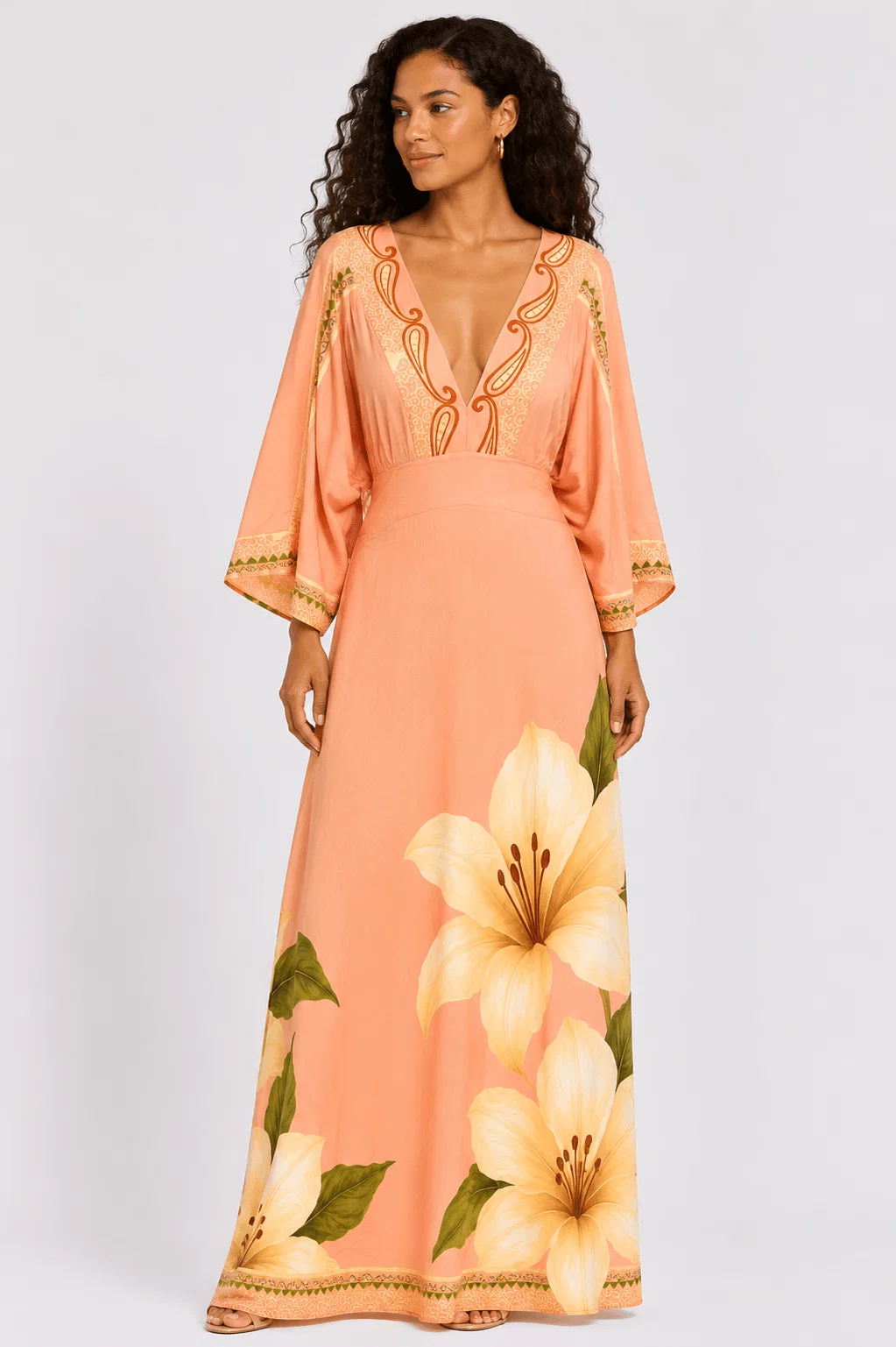 Vestido Manga 7/8 Estampado Lírio Solar - Salmao