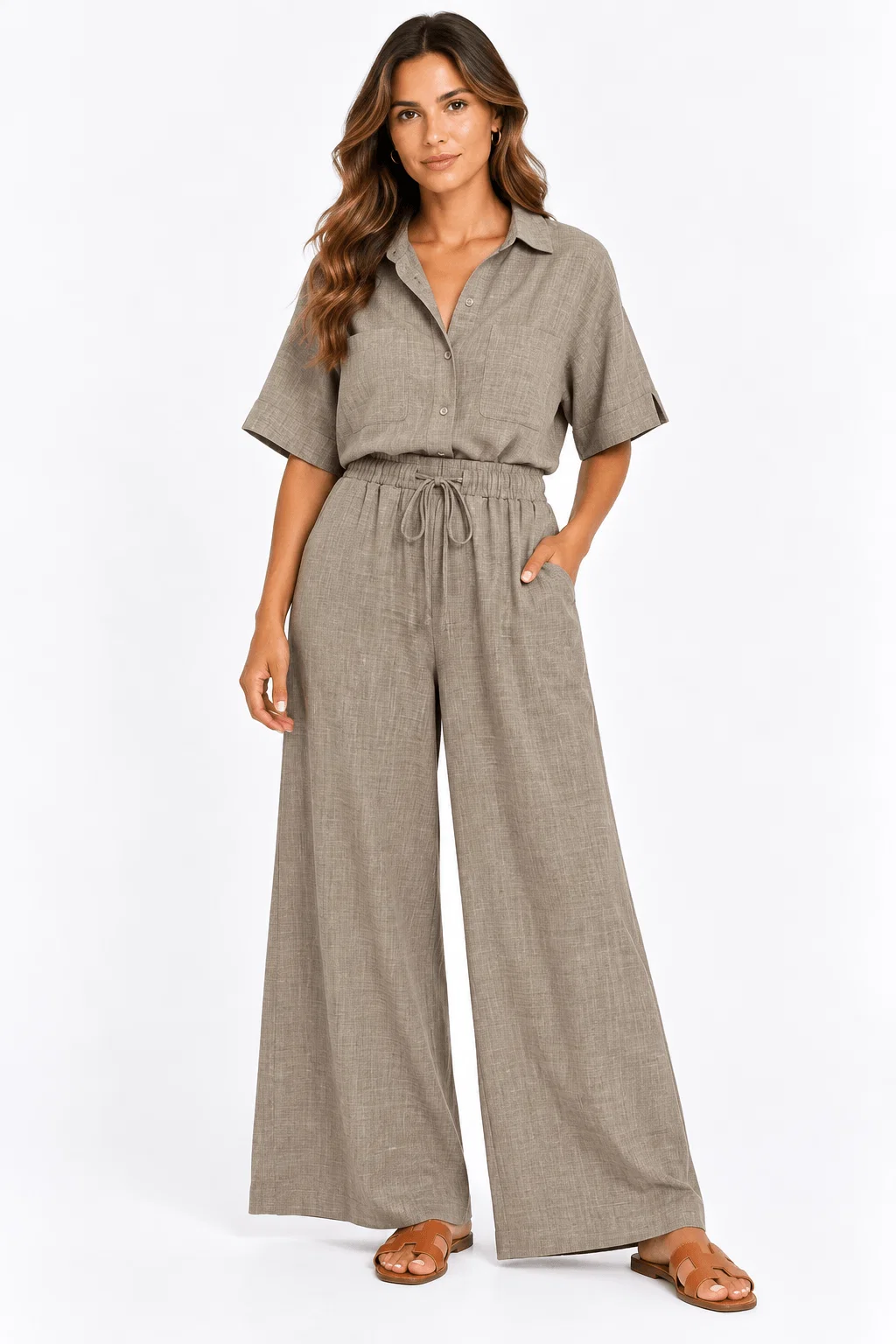 Calça Pantalona Com Bolsos - Caqui