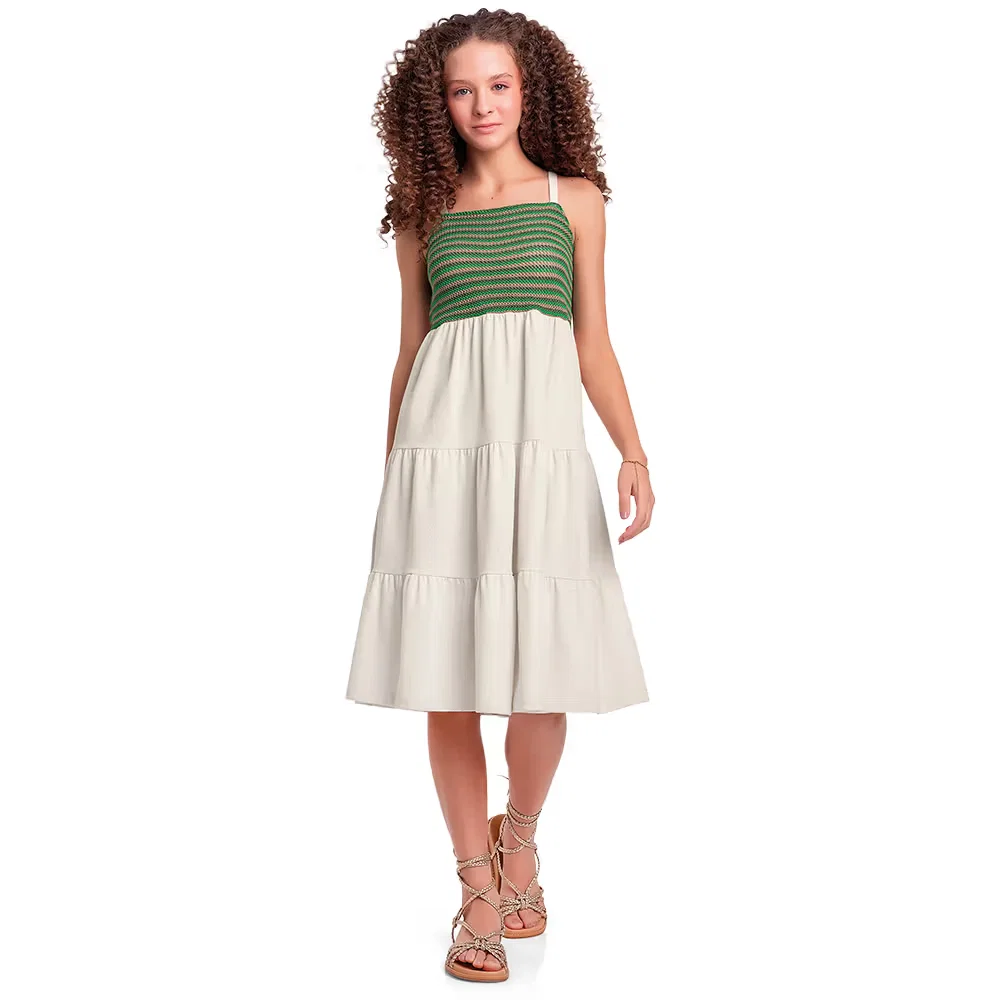 Vestido em malha favo com detalhe em tricot