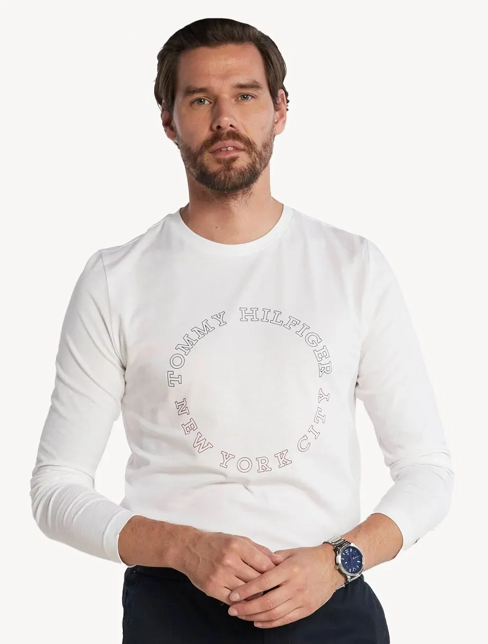 Blusa Tommy Hilfiger Masculina Manga Longa Monotype Roundle Logo Branca