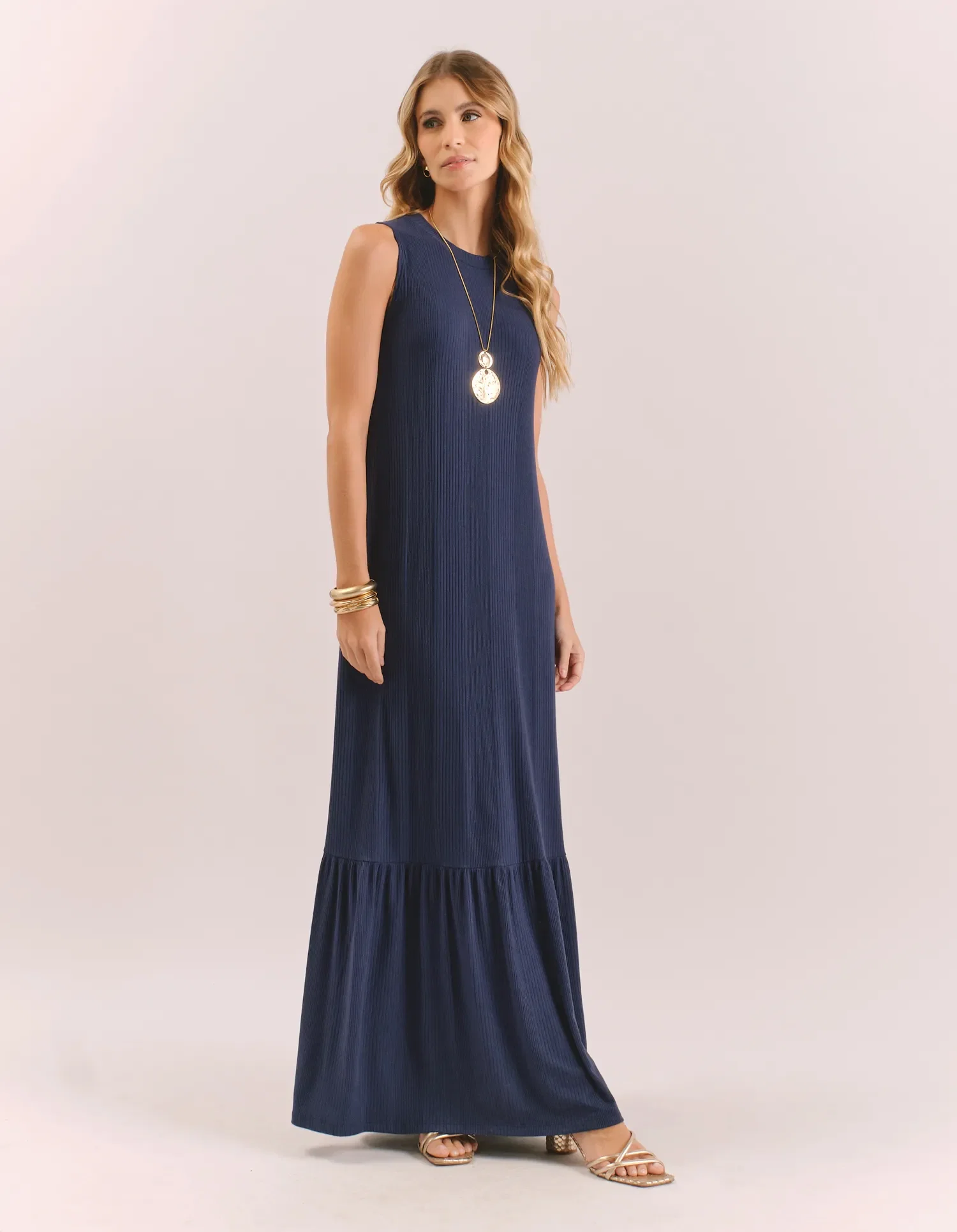 Vestido Longo Marias Decote Canoa - Azul Marinho