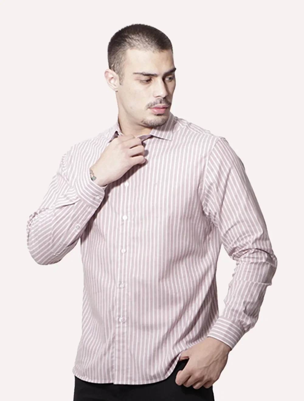 Camisa Ellus Masculina Tricoline Siena Slim Italian Classic Listrada Rosé — imagem 1