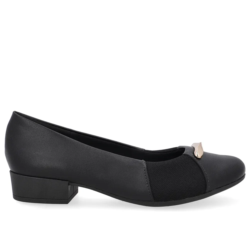 Scarpin Couro Preto Lateral Tecido