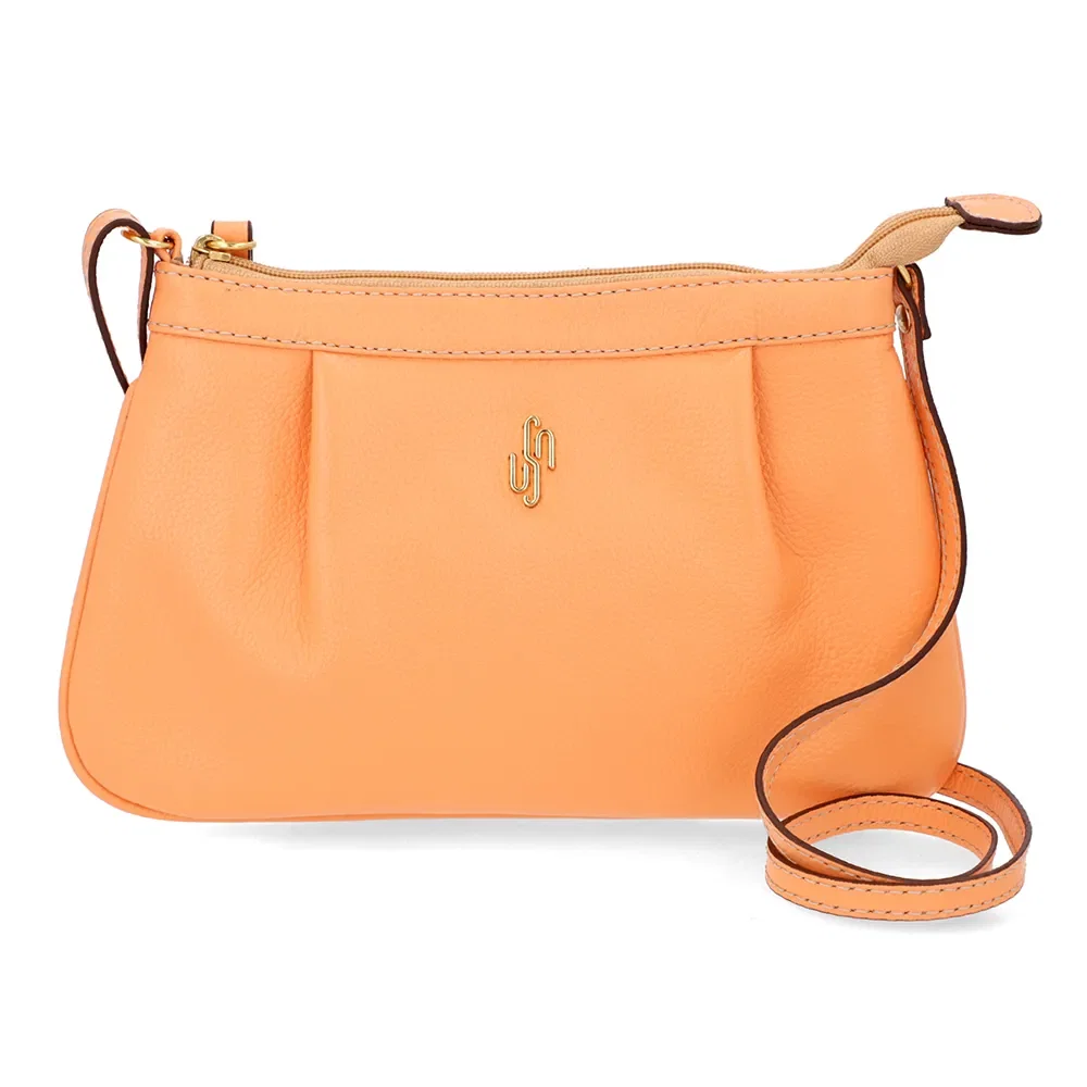 Bolsa Tiracolo Couro Laranja Damasco Detalhe Franzido