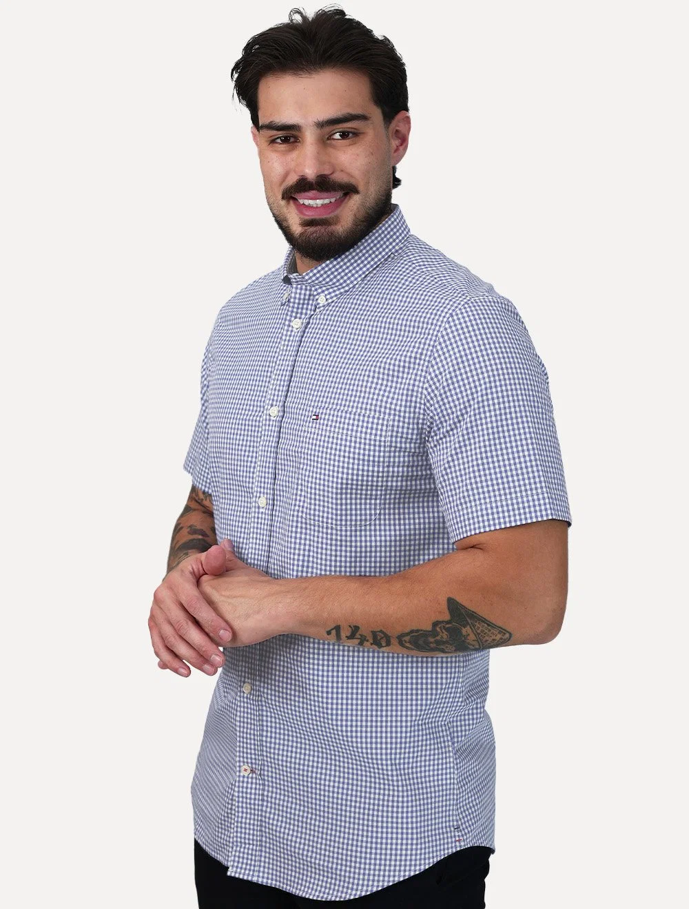 Camisa Tommy Hilfiger Masculina Manga Curta Pocket Gingham Azul Médio