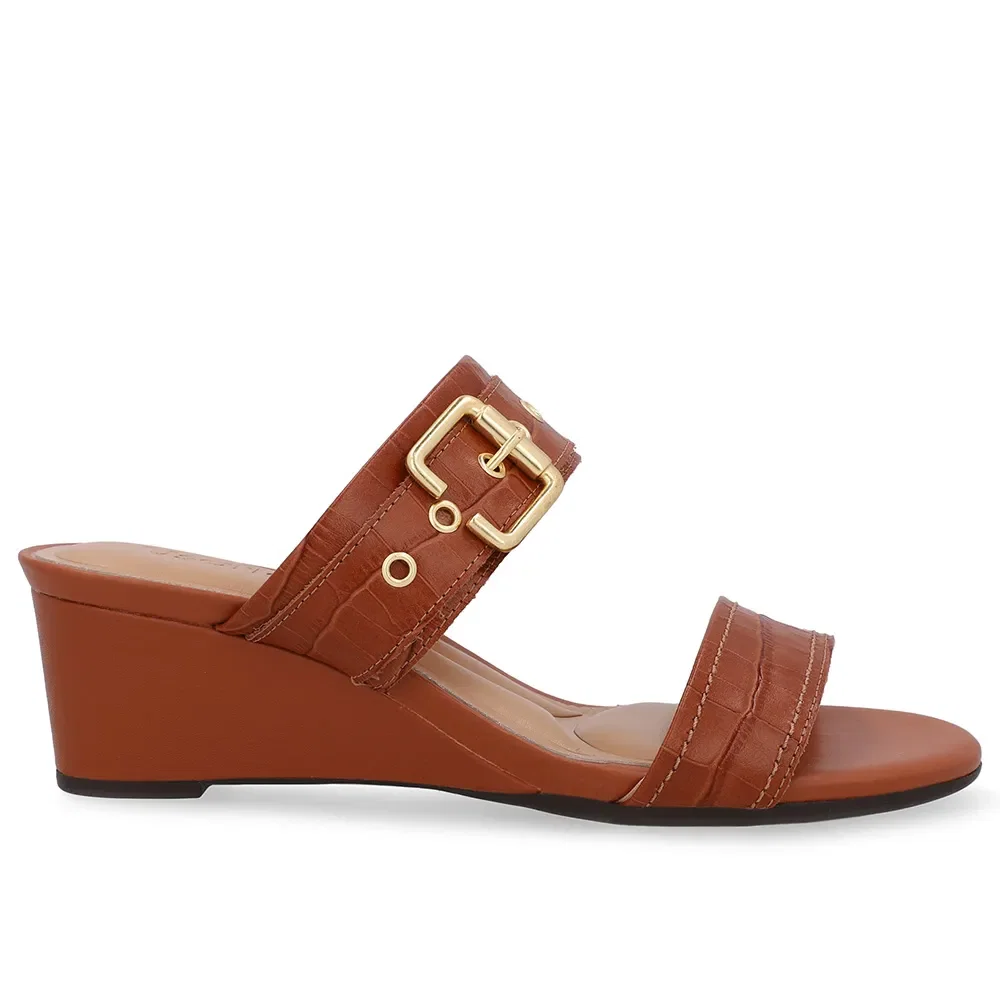 Tamanco Salto Anabela Couro Croco Marrom Fivela — imagem 1