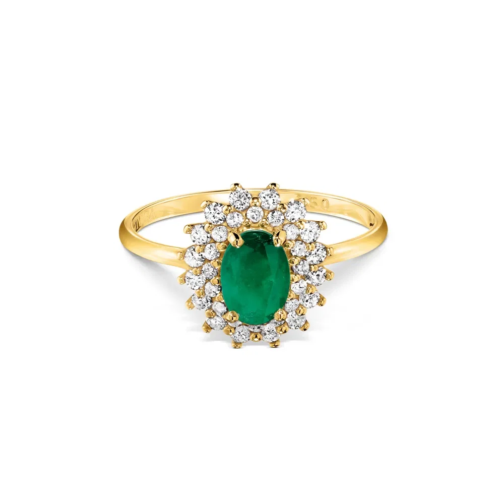Anel Clássico em Ouro Amarelo 18k com Esmeralda e Diamantes