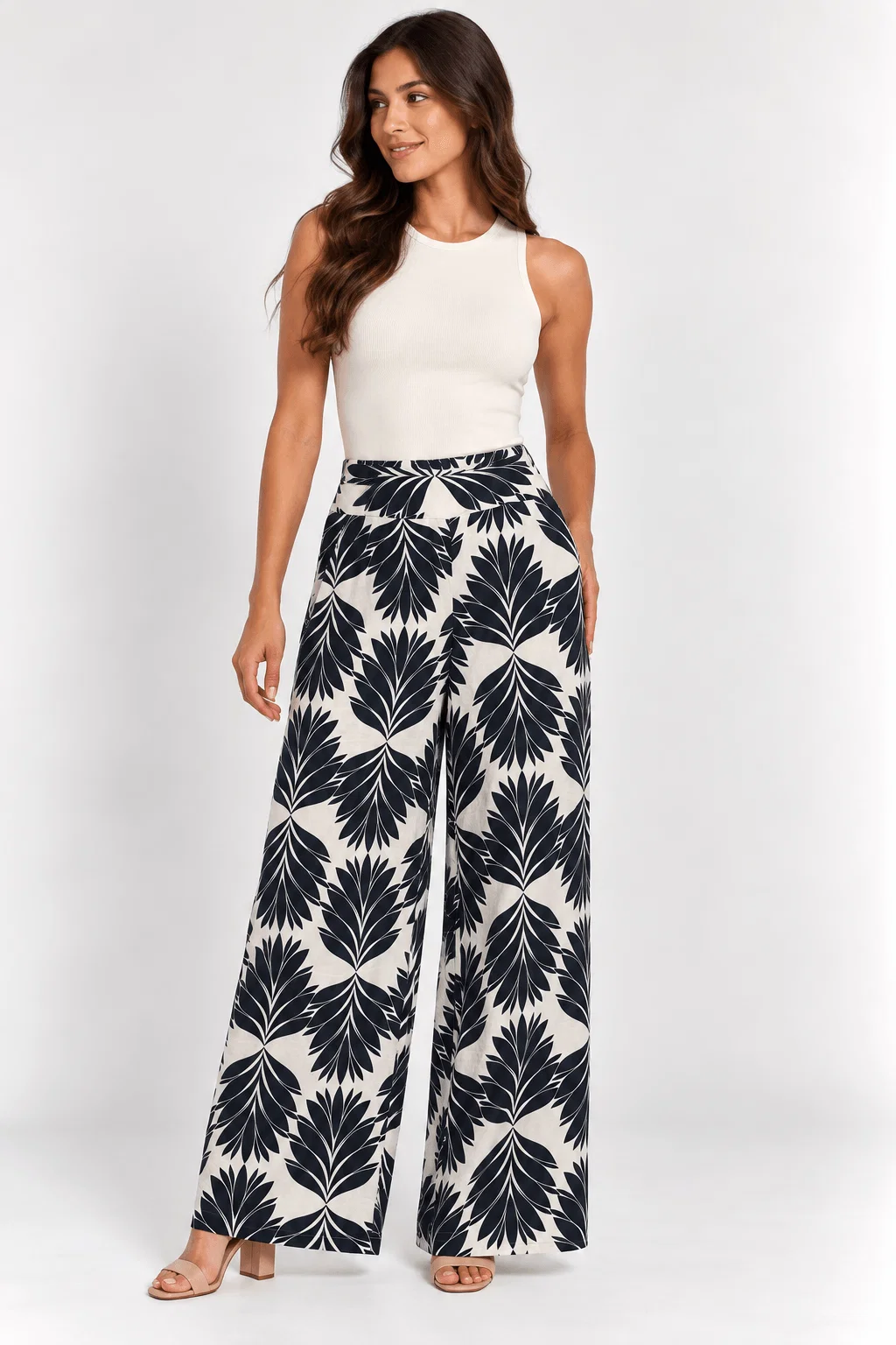 Calça Pantalona Estampada Folhagem - Azul