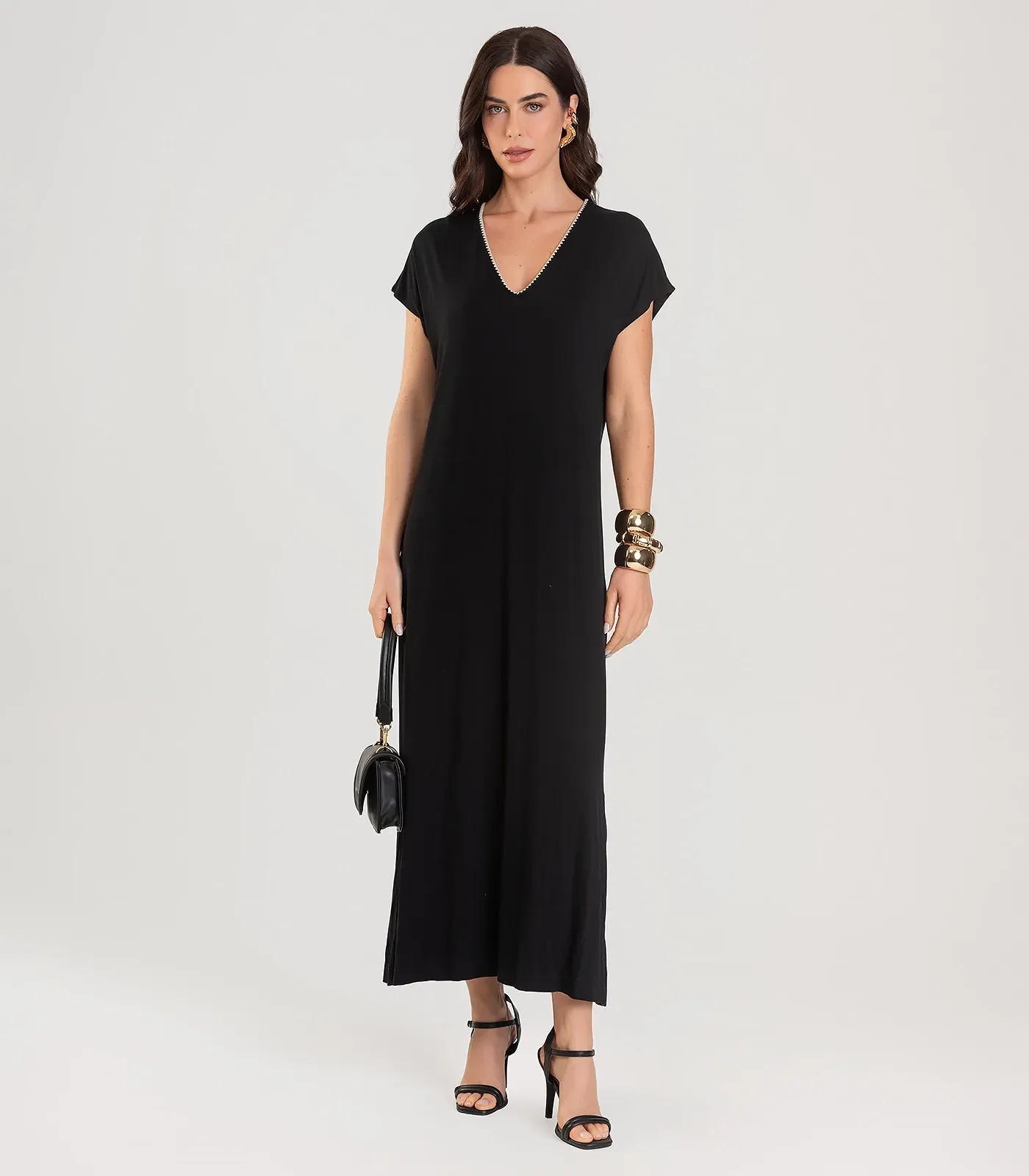 Vestido Feminino Decote V Super Midi Dianna Preto