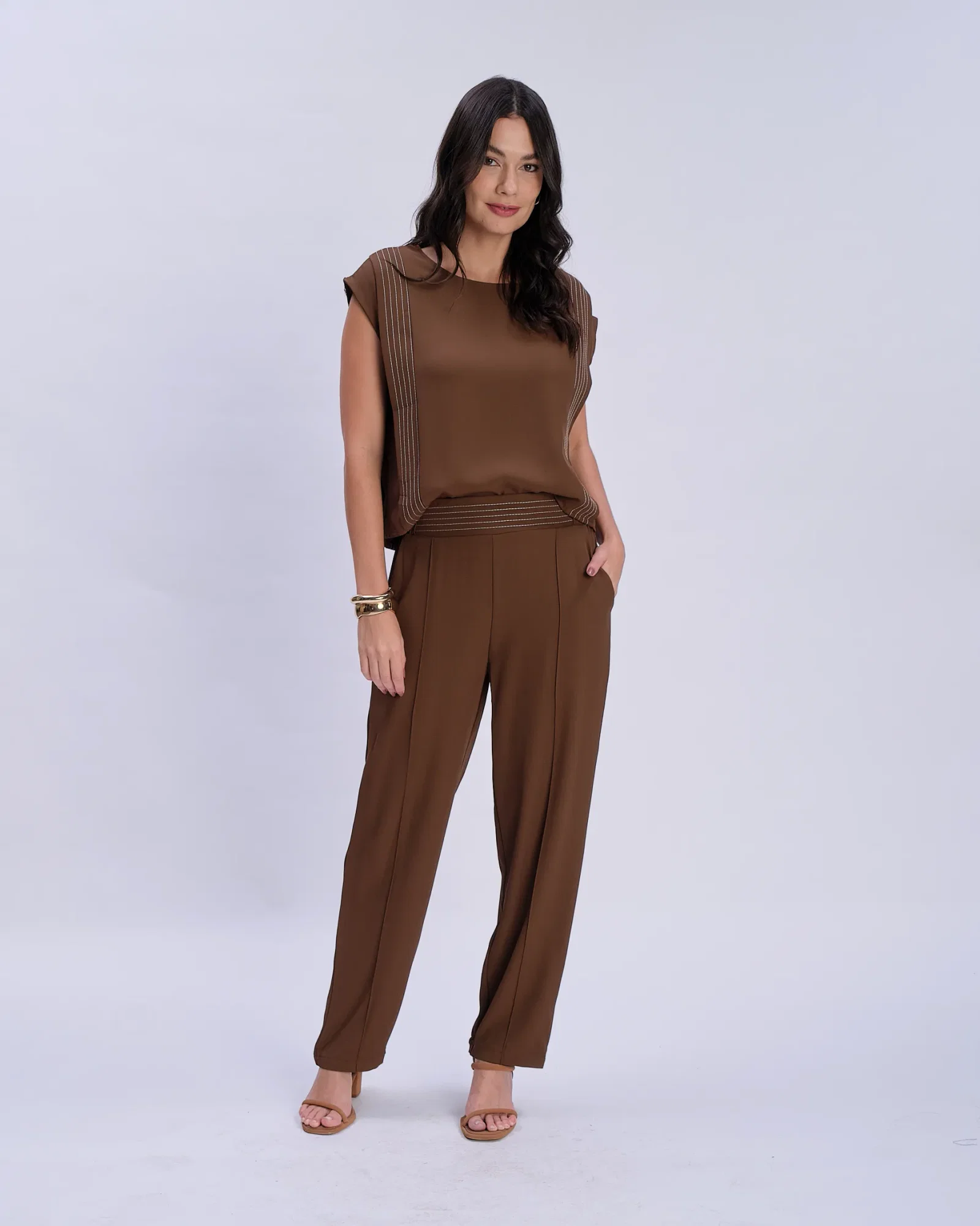 Calça Pantalona Cós Pespontos - Marrom — imagem 1