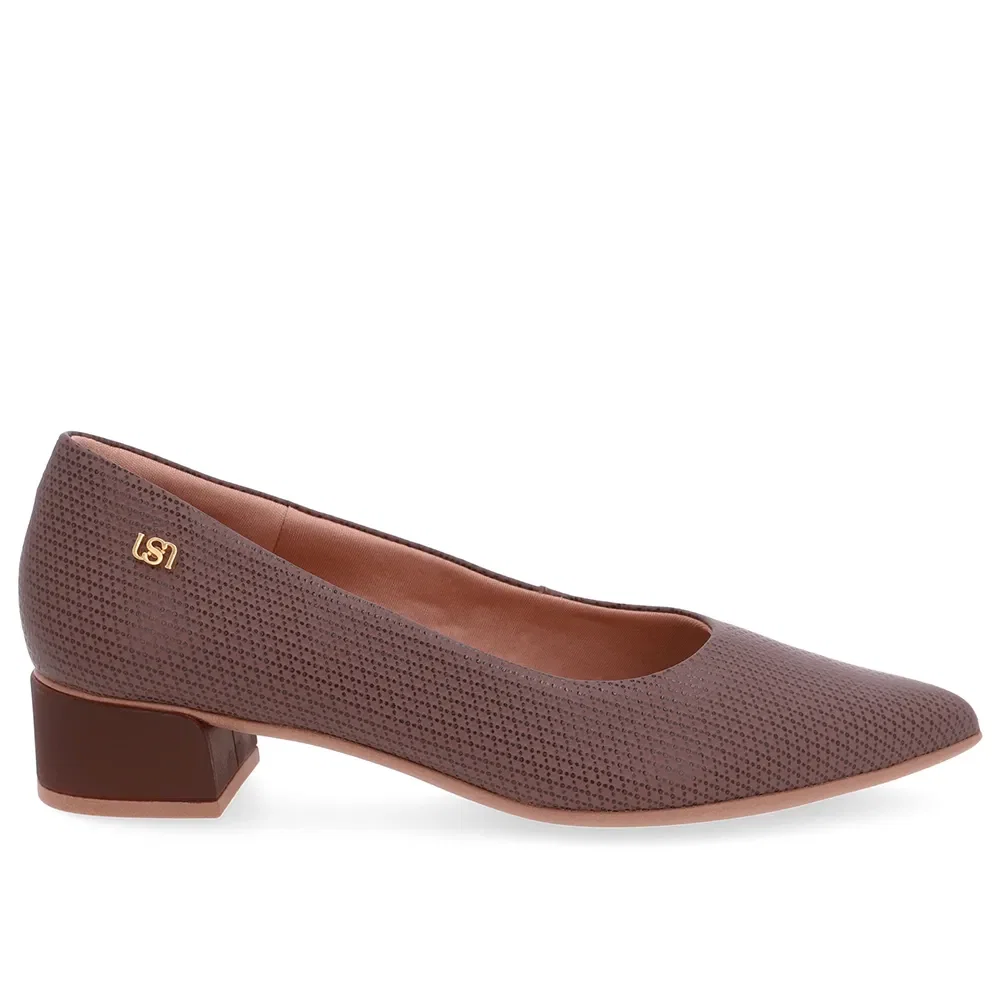 Scarpin Marrom Salto Bloco Couro Bico Fino — imagem 1