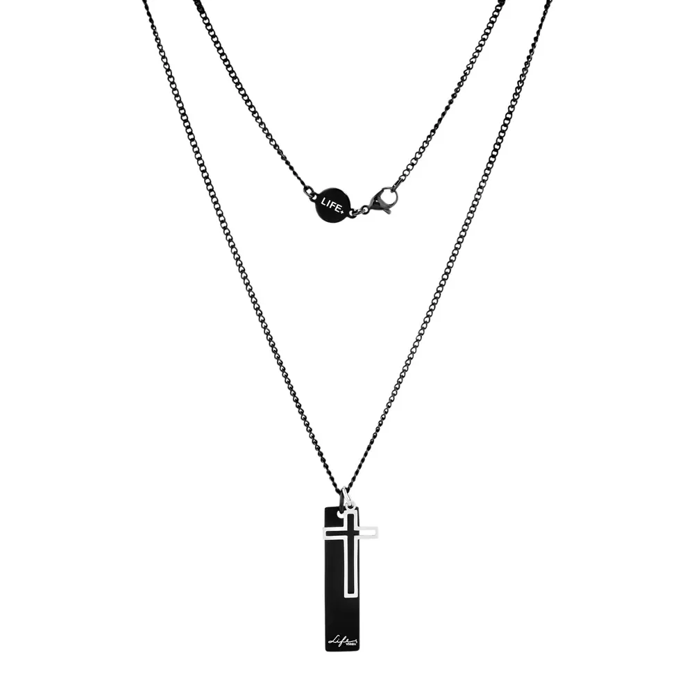 Colar Life Masculino Cruz e Placa Aço Preto