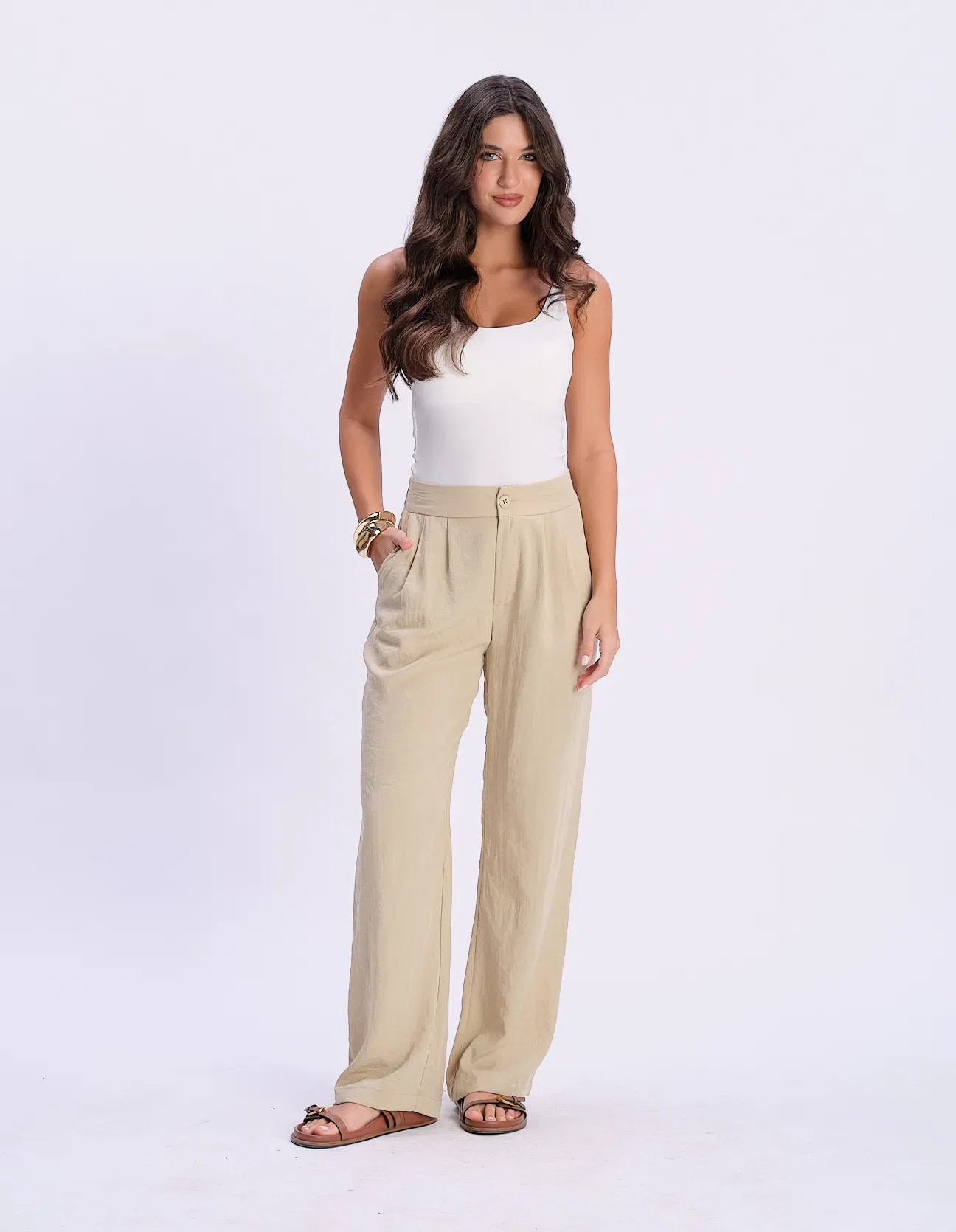 Calça Pantalona Com Pregas - Verde
