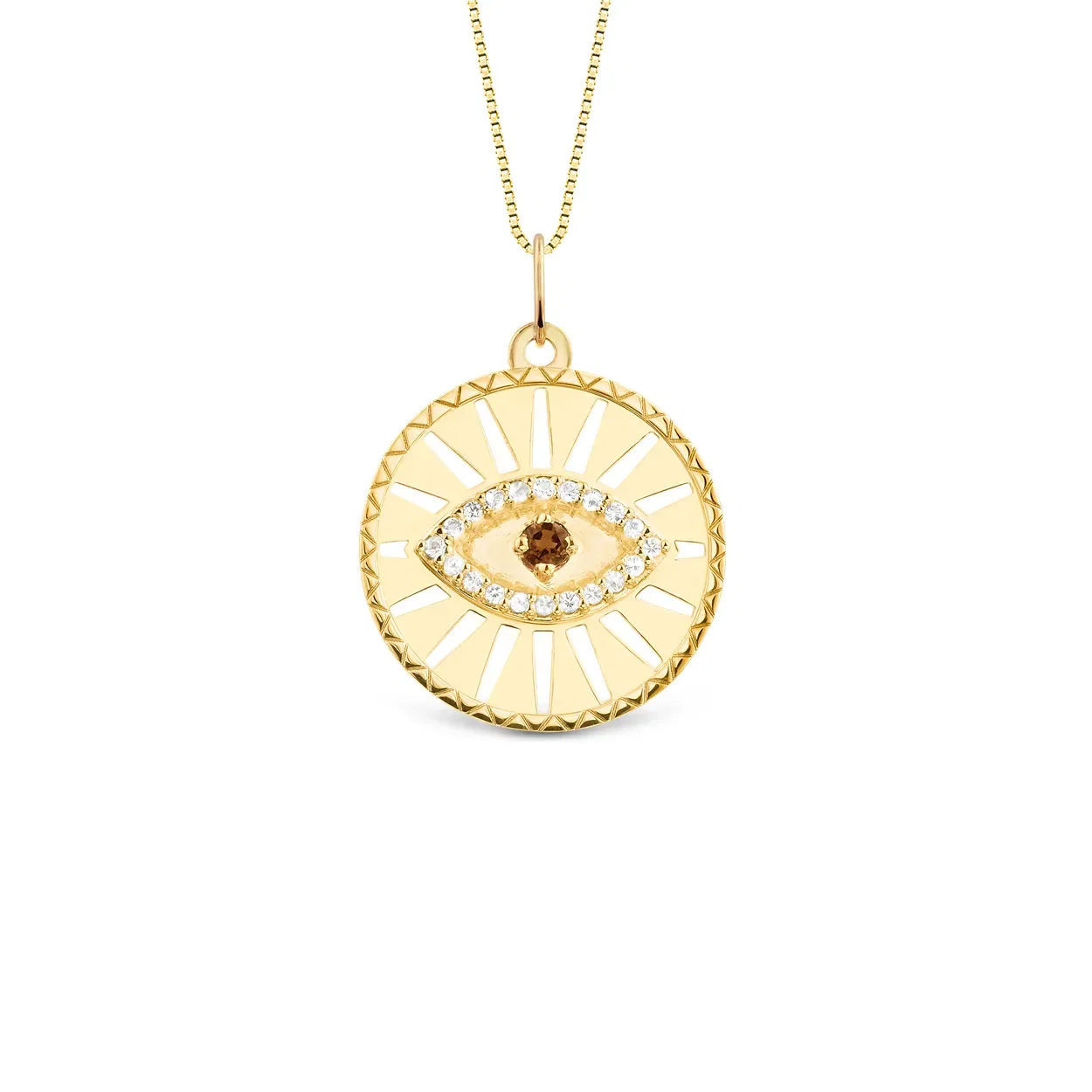 Pingente Medalha Trends Olho Grego em Ouro Amarelo 18k com Quartzo Fumê e Safira Incolores, 20mm — imagem 1