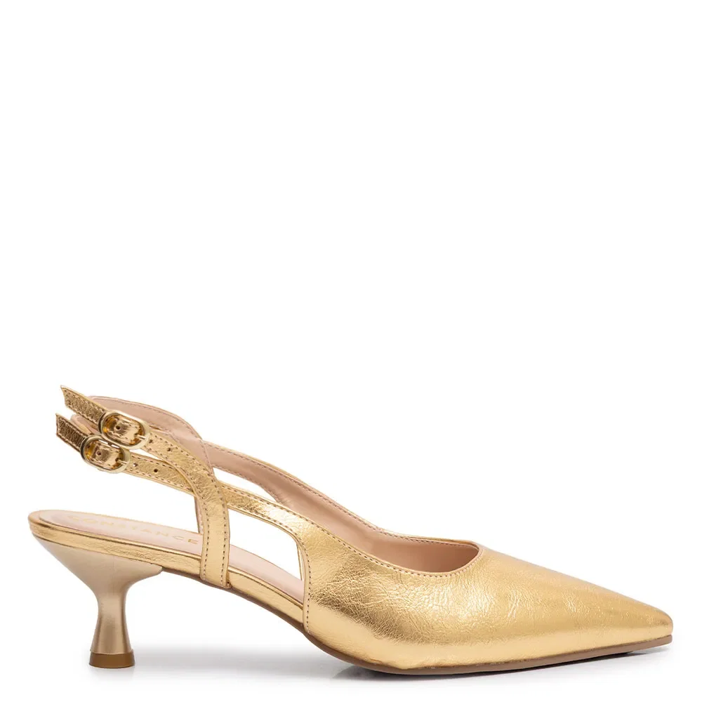 Scarpin Slingback Dourado Fivelas