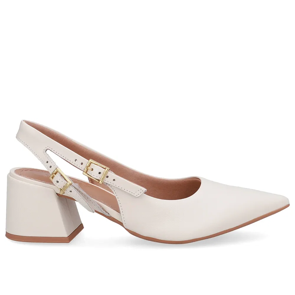 Slingback Branco Marfim Salto Bloco Couro Tira Dupla Lateral — imagem 1