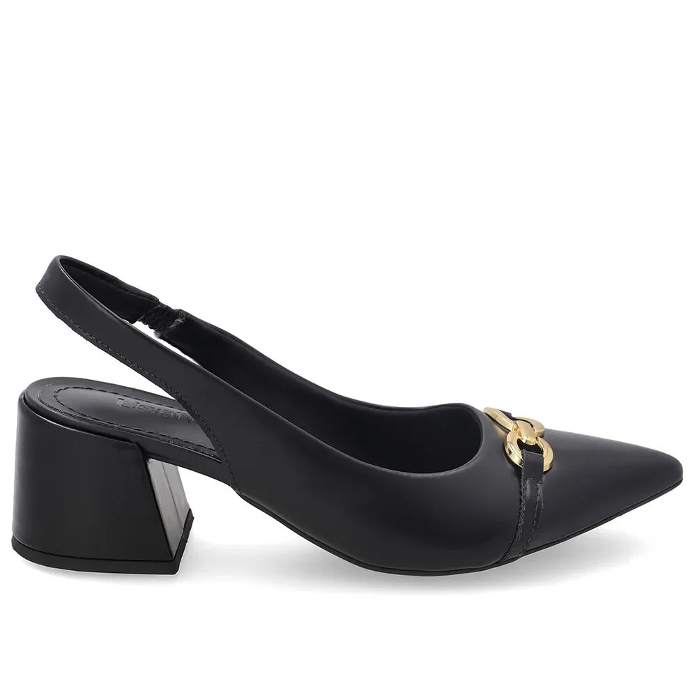 Slingback Em Couro Preto Salto Bloco E Bico Fino — imagem 1