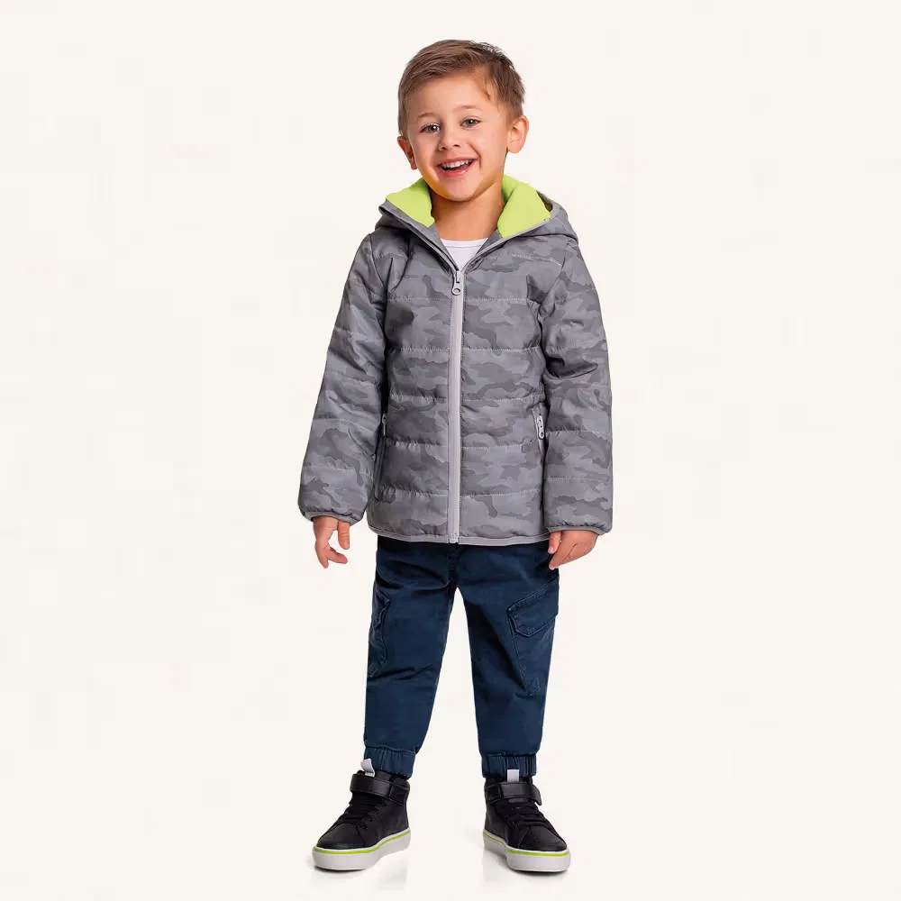 Jaqueta com capuz puffer refletiva com forro militar