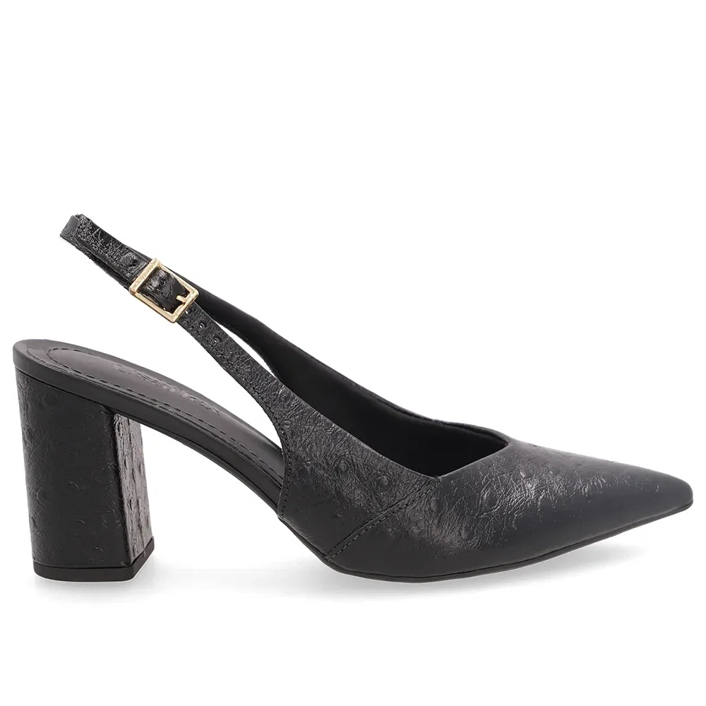Slingback Salto Bloco Em Couro Preto Texturizado Com Bico Fino — imagem 1