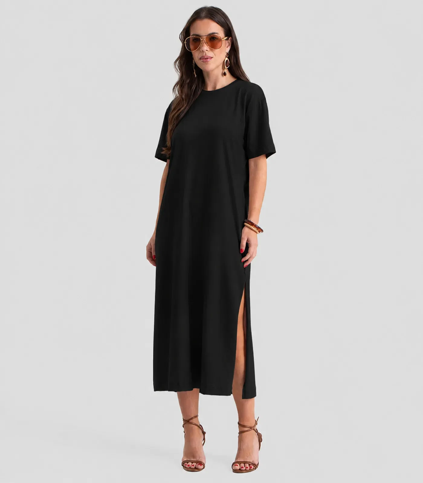 Vestido Super Midi Com Fendas Laterais Preto