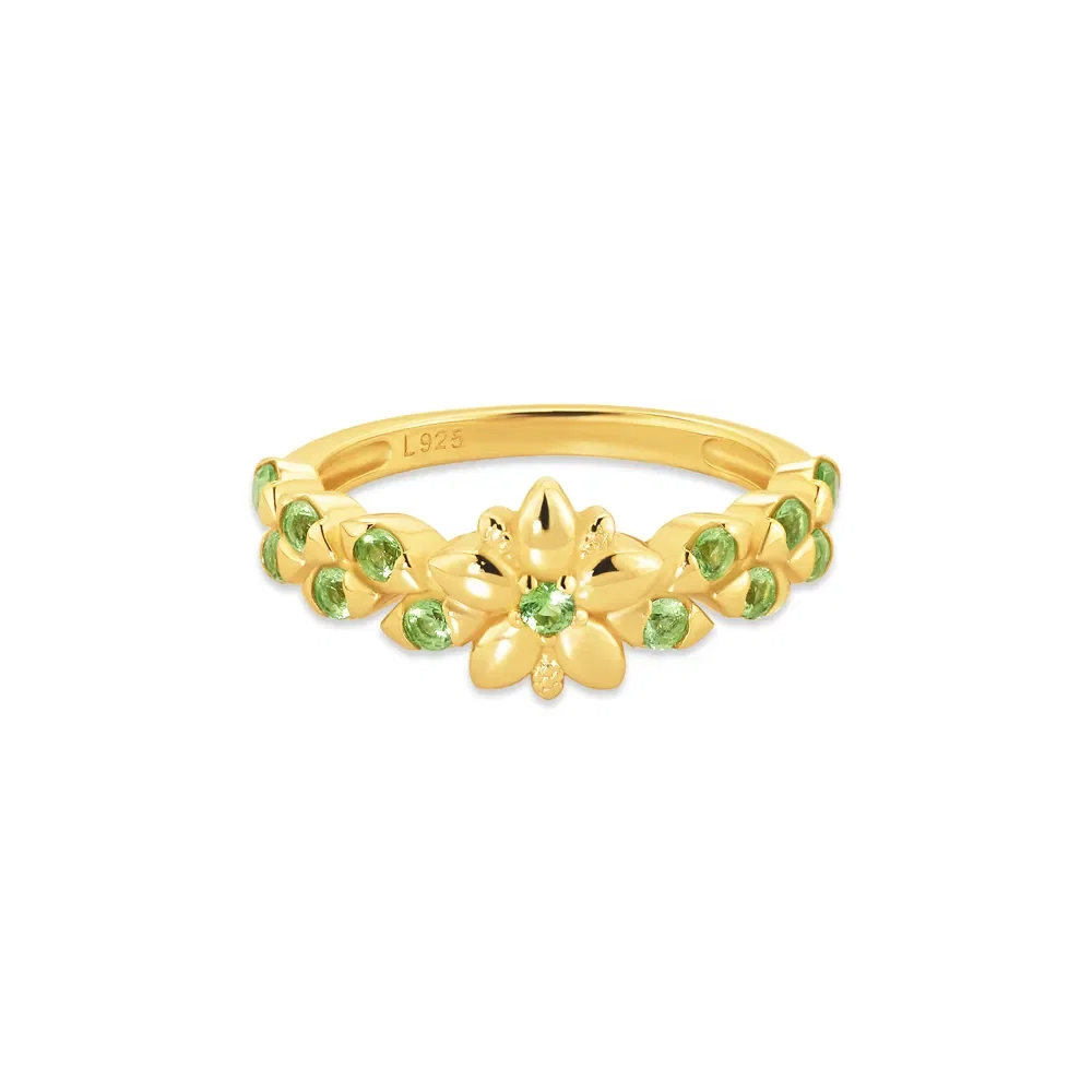 Anel Life Botânica em Prata 925 com Banho de Ouro Amarelo 18k e Pedras Verdes