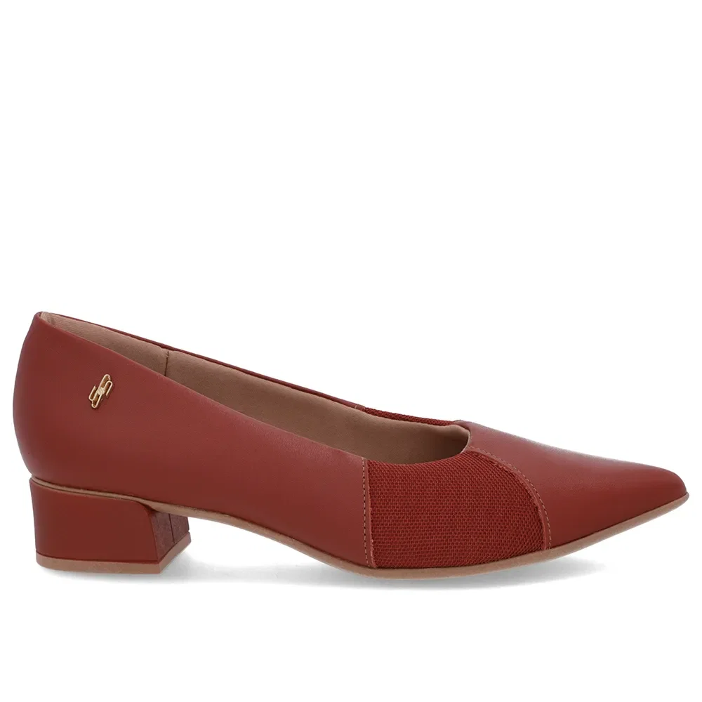 Scarpin Marrom Couro Bico Fino Lateral Tecido — imagem 1