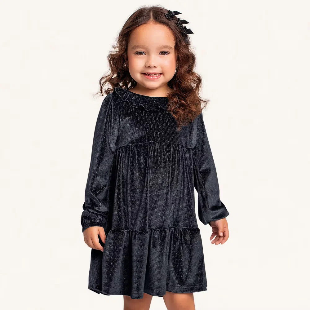 Vestido em plush lurex com babado